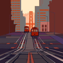 Streets Of San Francisco With Cable Car System. City In North America, USA, California. Oakland Bay Bridge. Vector Graphic, Illustration Created By Artist. 