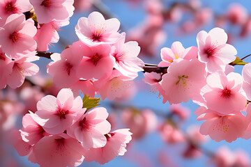 Wall Mural - spring melody: a close-up of pink sakura blooming under a sunny blue sky generative ai