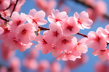 Wall Mural - spring melody: a close-up of pink sakura blooming under a sunny blue sky generative ai