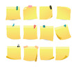 Realistic yellow blank sticky notes set collection isolated on white background. Notepad Clip sheets of note papers with push pin. Paper reminder, post it notes, adhesive empty memo.