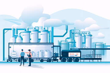 Food industry concept banner: Factory worker inspecting dairy production line tanker with a computer tablet in hand, ensuring quality and efficiency.