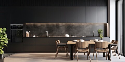 Sticker - Modern apartment with contemporary stylish kitchen featuring black cabinets and frames against white walls.