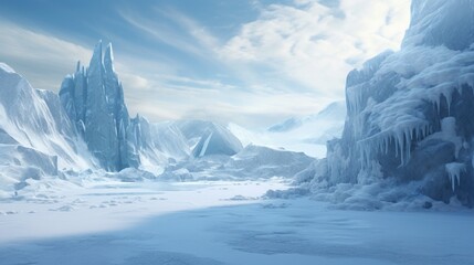 Embark on a journey through winter's enchantment as delicate ice falls gracefully on the majestic contours of a snow-draped mountain. Craft your narrative against the vast backdrop of this