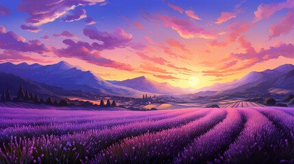 A twilight scene in a lavender field, with rows of purple flowers and a colorful sky after sunset.