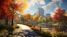 A Vibrant City Park In Autumn, With A Variety Of Trees In Fall Colors, A Pond, And A Walking Path.