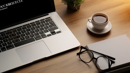 A laptop and glasses on office table.