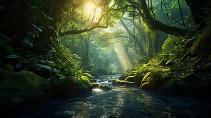 A dense, lush rainforest with a narrow stream winding through, sunlight filtering through the canopy.