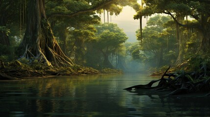 Wall Mural - A dense mangrove forest with intertwined roots, calm waterways, and a rich ecosystem.