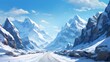 A dramatic mountain pass in winter, with snow-covered peaks, an icy road, and a clear blue sky.