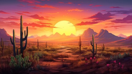 Wall Mural - A dramatic desert scene at sunrise, with long shadows, cacti, and a colorful sky.