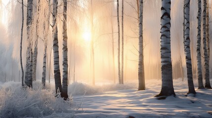 Wall Mural - A frosty morning in a birch forest, with a thin layer of snow and the sun breaking through the fog.
