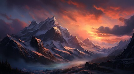 Wall Mural - A majestic view of a mountain range in the evening, with alpenglow lighting up the peaks.