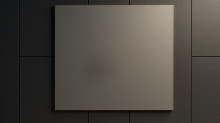 A blank square canvas hangs on a black wall. 