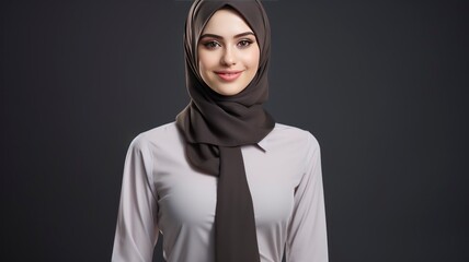 Portrait photo of a beautiful young Muslim female student in school uniform, one color background, copy space - generative ai