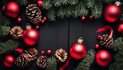 Poster - A Christmas stock image with red ornaments and pine cones