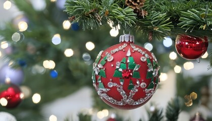 Sticker - A red and green ornament with crystals hangs on a Christmas tree