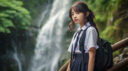 Wall Mural - a cute Japanese high school girl in a school uniform taking a break against the backdrop of a small waterfall located in the forest. generative AI