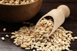 Dry pearl barley with bowl and scoop on table, closeup