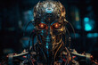 humanoid android robot with artificial intelligence, evil bad eyes, metallic body