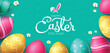 Happy easter greeting vector template. Happy easter holiday season celebration with colorful eggs elements in green background. Vector illustration kids egg hunt design. 

