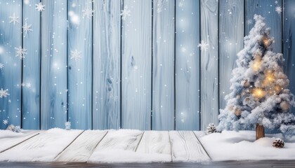 Poster - A snowy scene with a lit Christmas tree in front of a fence