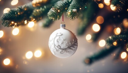 Wall Mural - A white ornament with a red ribbon hangs from a tree