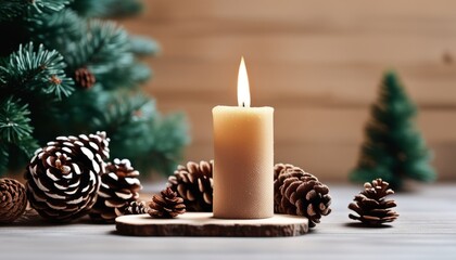 Wall Mural - A lit candle on a wooden table with pine cones and a tree in the background