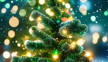 Wall Mural - A Christmas tree with green leaves and yellow lights