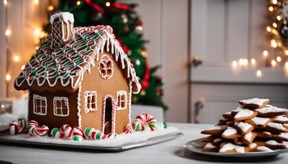 Sticker - A gingerbread house and cookies on a table