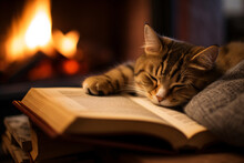 Illustrate A Cozy Reading Nook With A Small Cat. Create A Blurred Background To Convey The Comfort Of The Indoor Setting And Use Selective Focus To Highlight The Adorable Kitty.