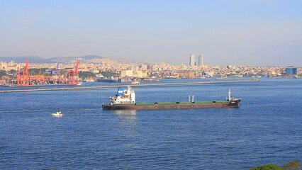 Wall Mural - Bulk carrier or dry cargo ship cruising along the Bosporus in front of Haydarpasa Docks, Istanbul Background
