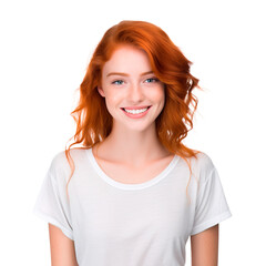 Wall Mural - Teenage red hair girl posing with white t-shirt portrait posing over isolated transparent background
