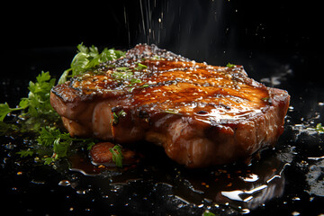 Wall Mural - Juicy porkchop steak, dramatic studio lighting and a shallow depth of field, placed on a reflective black surface, hot steam. Ai Generated.NO.02