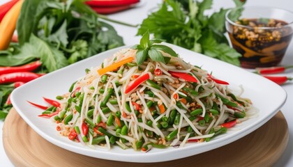 Canvas Print - A plate of noodles with red peppers and green onions