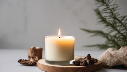 Poster - A lit candle on a wooden tray with pine cones and a plant