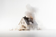 a white house, accident frontal of smoke and catch fire out of house, on isolated white background