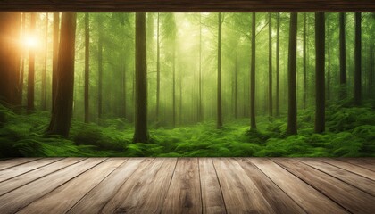 Poster - A wooden floor with a forest mural on the wall