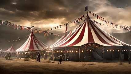 Wall Mural - circus tents stand tatters, their striped fabric flapping harsh winds that sweep through dystopian l