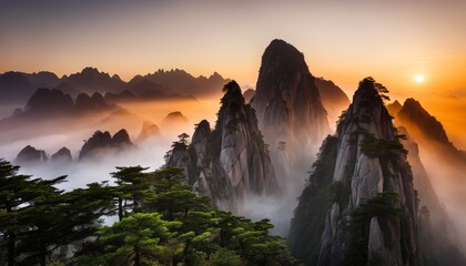 Wall Mural - A beautiful mountain range with fog and trees