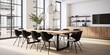 Contemporary white apartment with modern dining room featuring wooden table and black chairs.