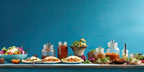 Wall Mural - Mexican taco preparation in a restaurant kitchen against a blue background.