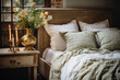 A cozy, rustic bedroom with a flower arrangement and candles, invoking a sense of warmth and comfort.