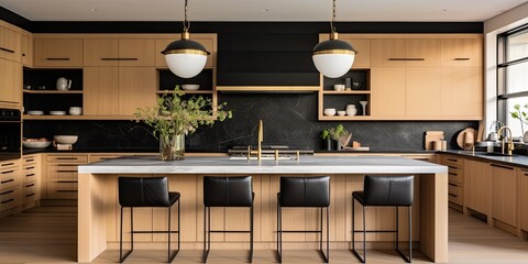 Sticker - A kitchen feature with white oak cabinets and leather chairs at an island, with a black and gold light overhead.