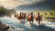beautiful horses crossing a river 