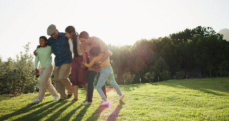 Sticker - Grandparents, together with family and excited children running to hug, love and embrace senior people in garden, backyard or nature. Walking, outdoor or group on vacation or elderly parents and kids