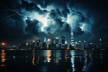 Cloud-to-ground Lightning Behind A Silhouette Of Skyscrapers.
