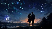 A Couple Enjoying The Atmosphere Of New Year's Eve From The Top Of The Hill With A Beautiful View Of Fireworks In The Sky, Stars And Falling Meteorites, This Image Is An Illustration
