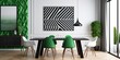 Modern dining room with green furniture, black and white table, contemporary style, visual
