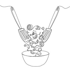 Wall Mural - Vegetables falling into a bowl in continuous one line art style. Food preparation vector illustration