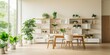 © Lasvu - Modern dining room with stylish renovation featuring bright wooden floor, white furniture, shelves, crockery, and potted houseplants.